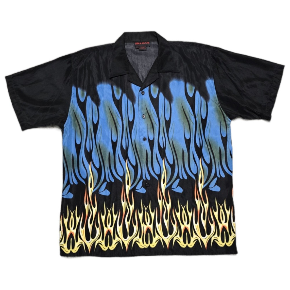 VTG Y2K Fire Motif Hawaiian Shirt Mens L Black Blue Flame Goth‎ Rave Sun & Moon